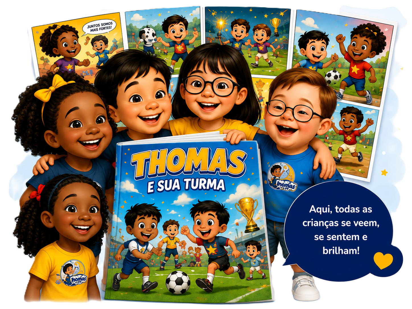 Crianças diversas e felizes segurando um gibi personalizado Thomas e sua turma